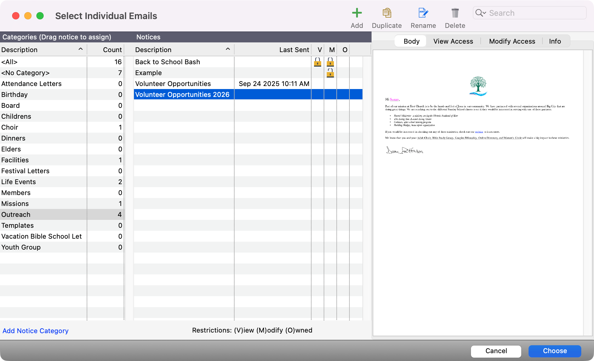 Select Individual Emails window with a notice selected. 