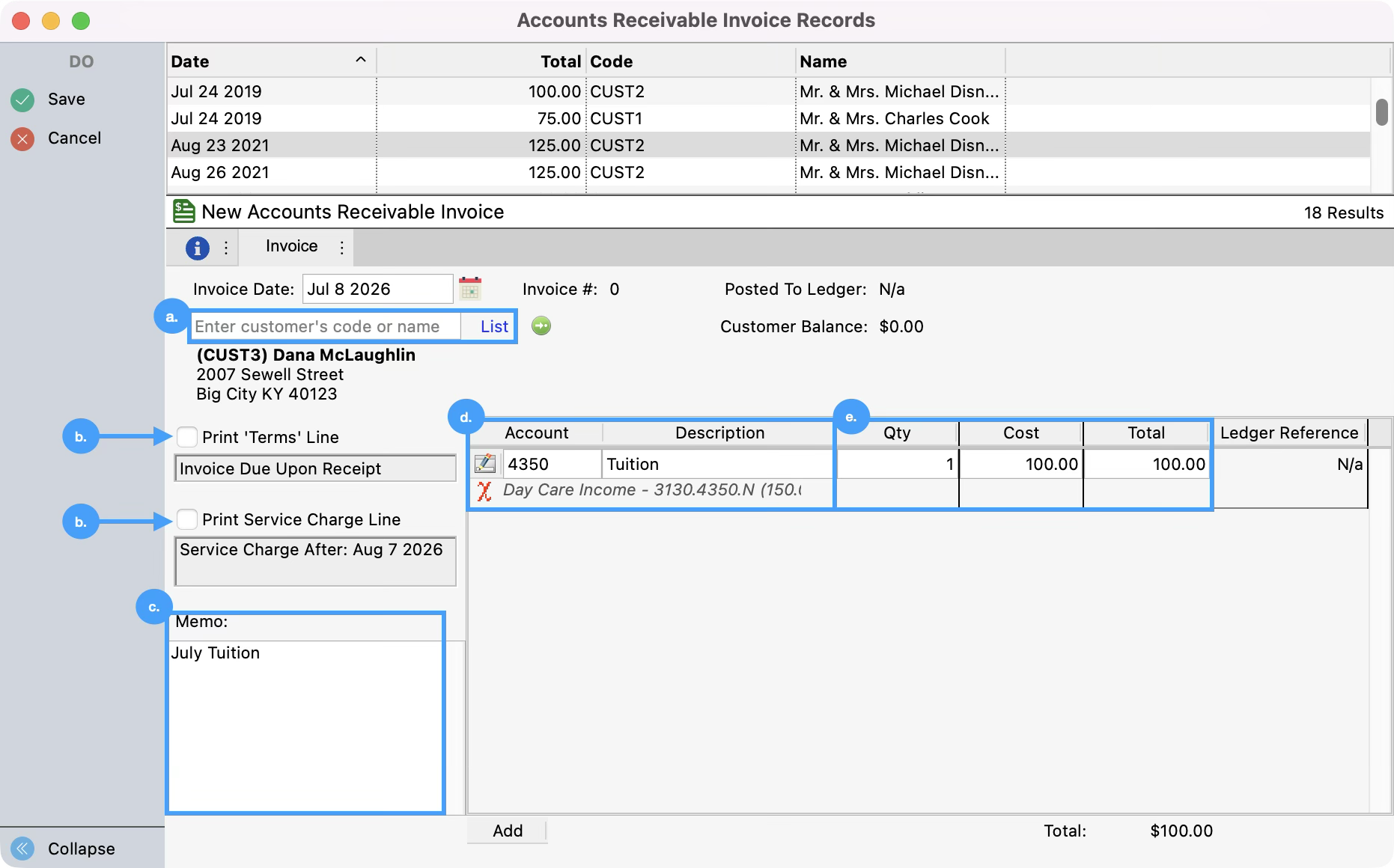Accounts Receivable Invoice Records window with the different input areas highlighted.