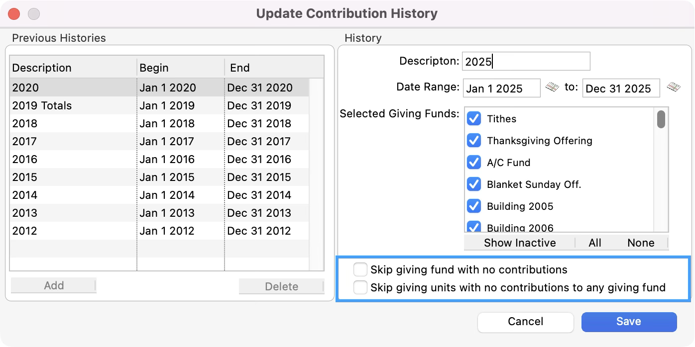 Update Contribution History window with the skip options highlighted.