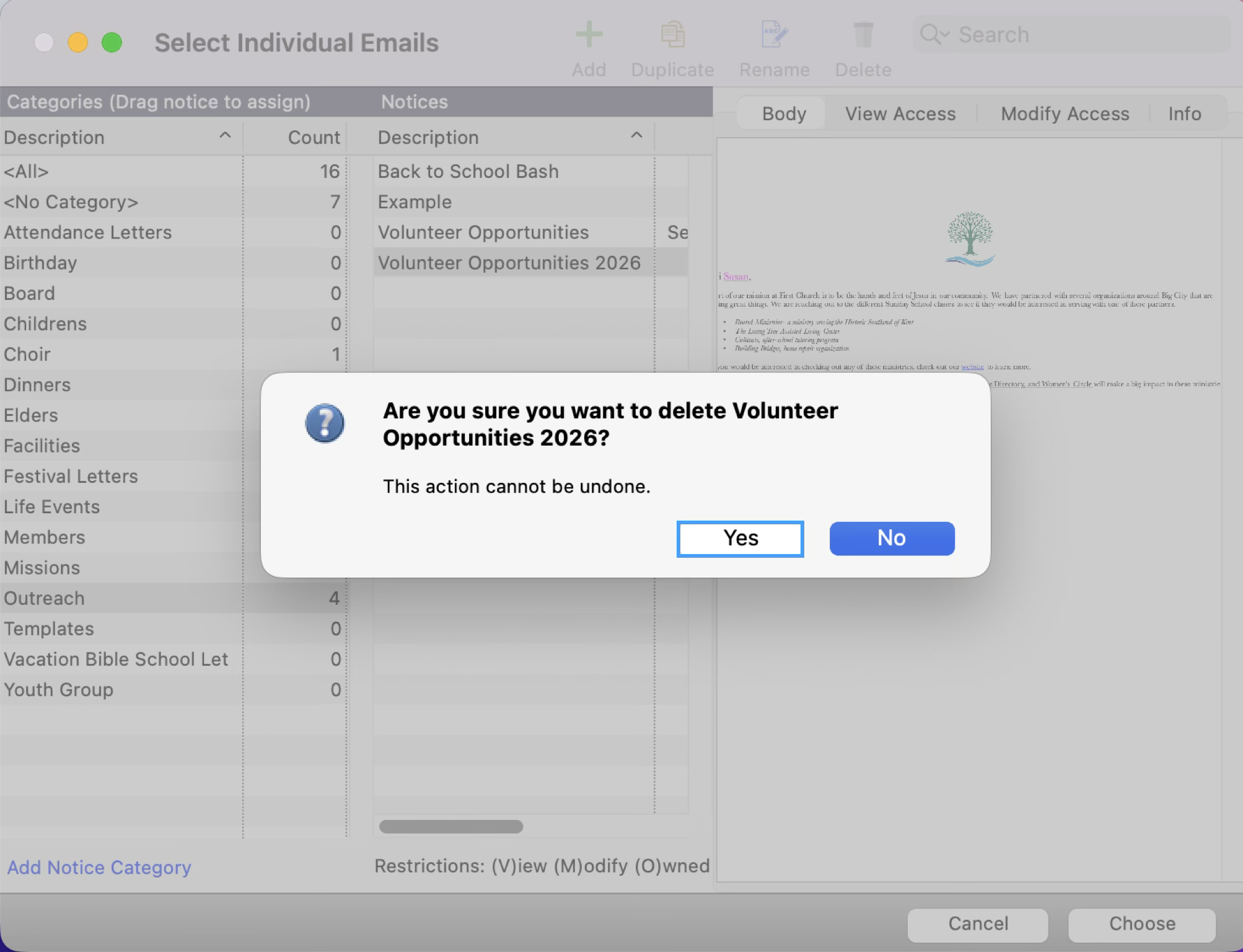 Select Individual Emails window with a pop-up asking to confirm you want to delete this notice. Yes is highlighted.