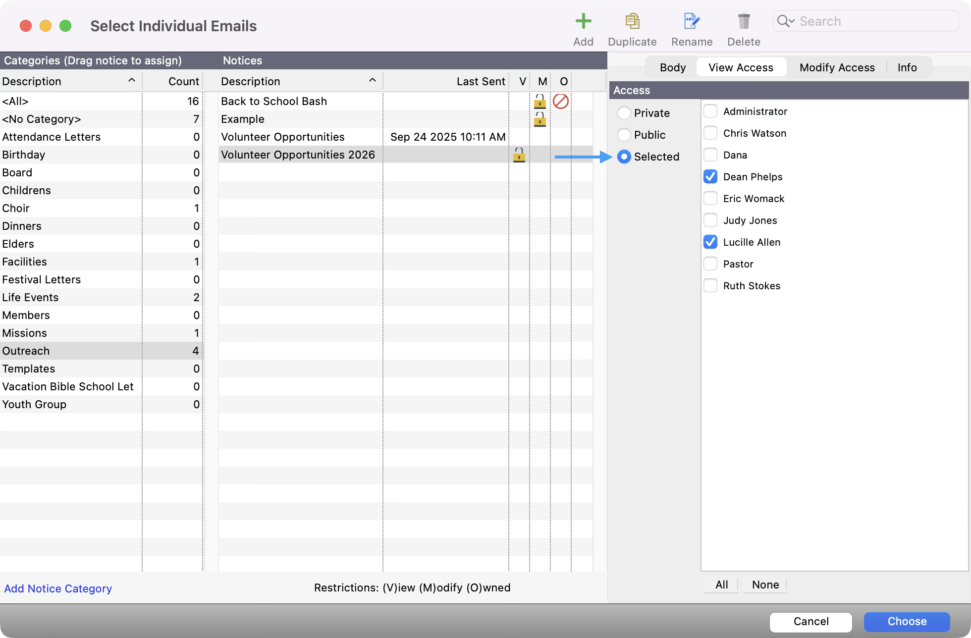 Select Individual Emails window with an arrow pointing to the Selected option for view access. Users with a checkbox next to their name to assign view permissions.