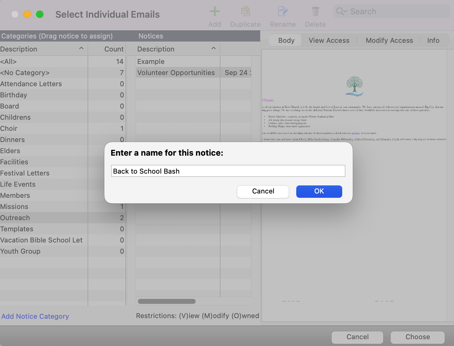 Select Individual Email window with a pop-up asking you to enter a name for a notice.