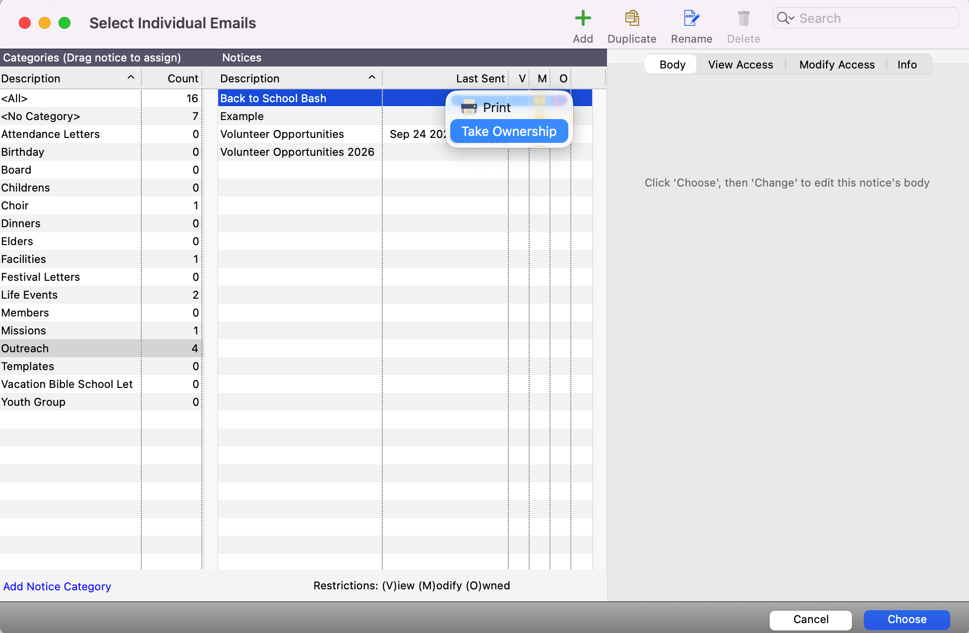 Select Individual Email window with the notice right clicked upon showing the option to take ownership.