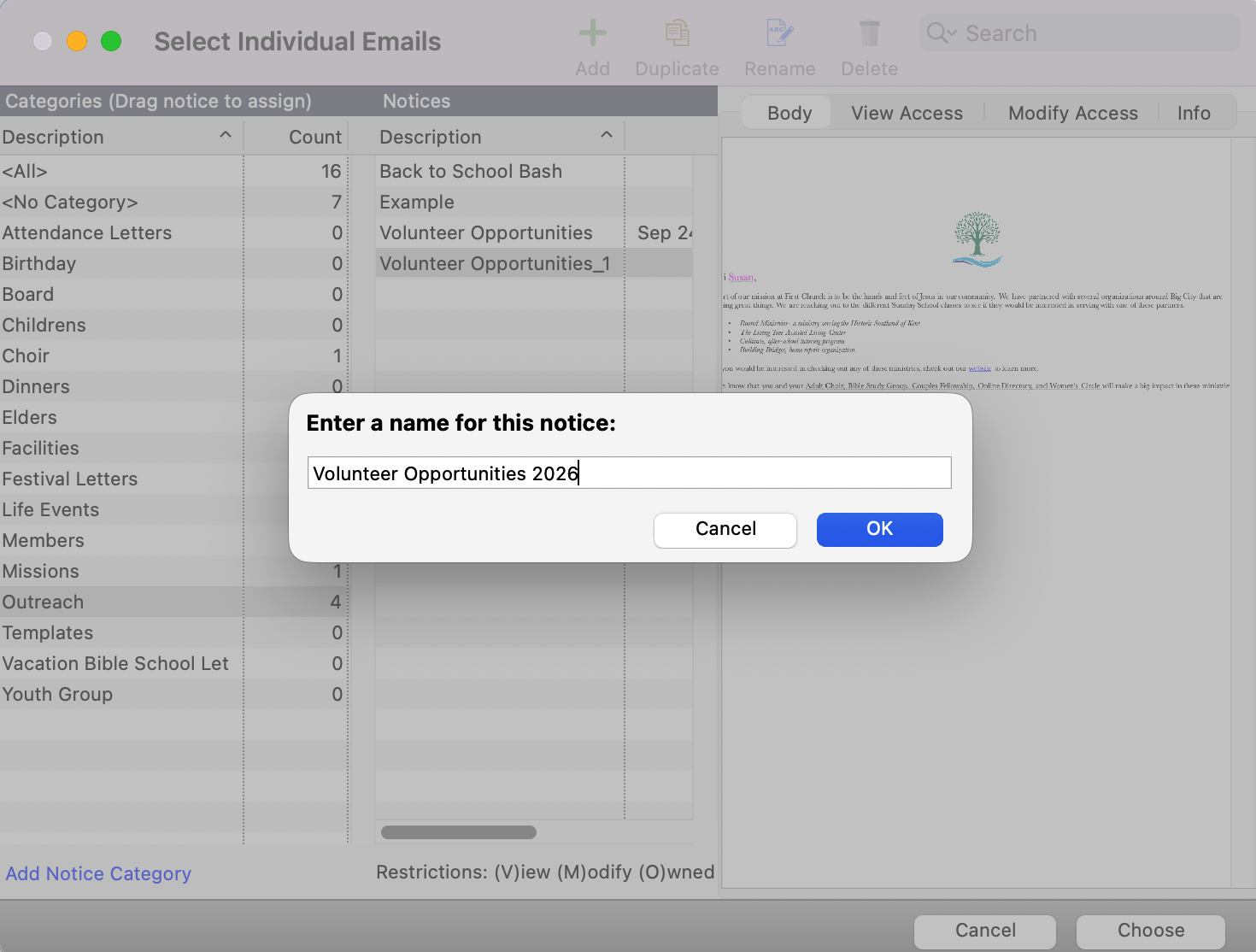 Select Individual Emails window with prompt showing the updated name.