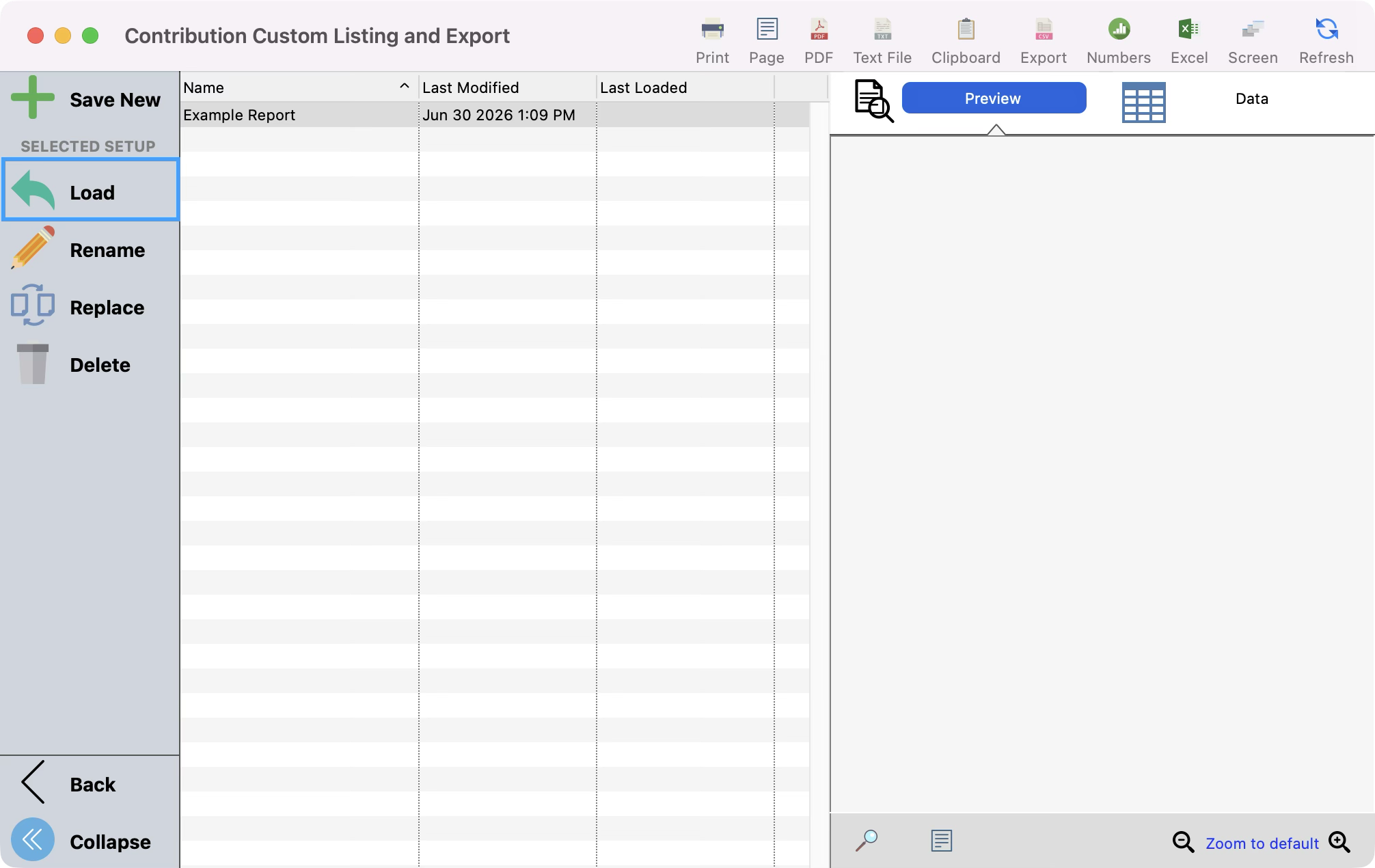 Custom Listing and Export window with the Load button highlighted in the left sidebar.