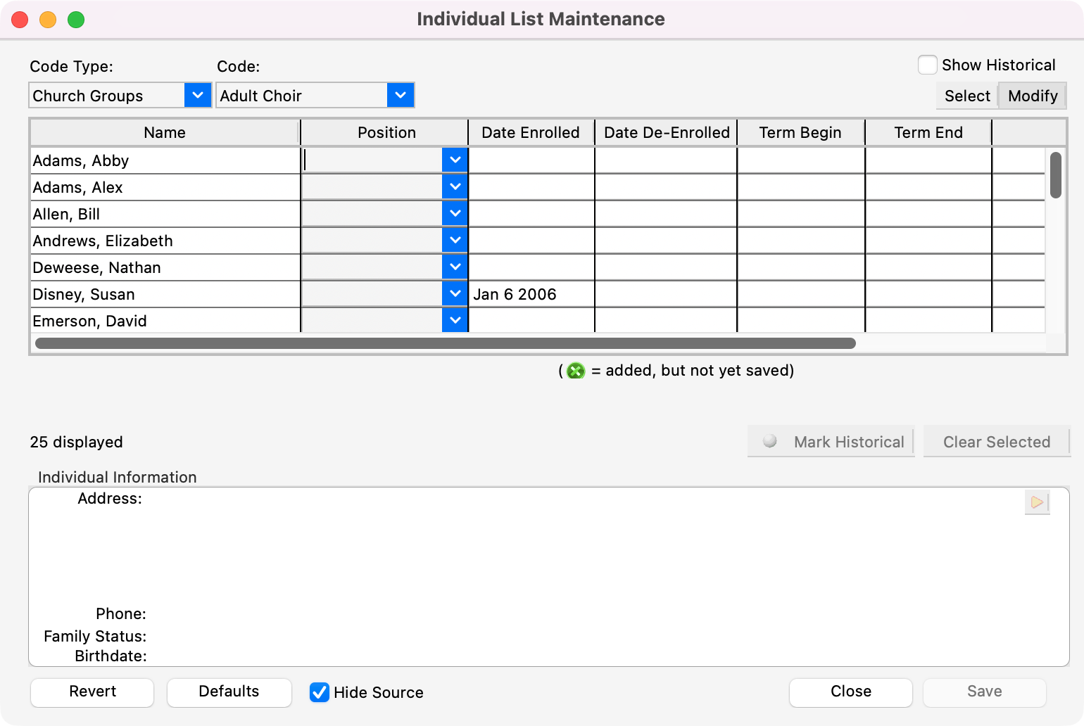 Individual List Maintenance window with the sources hidden.