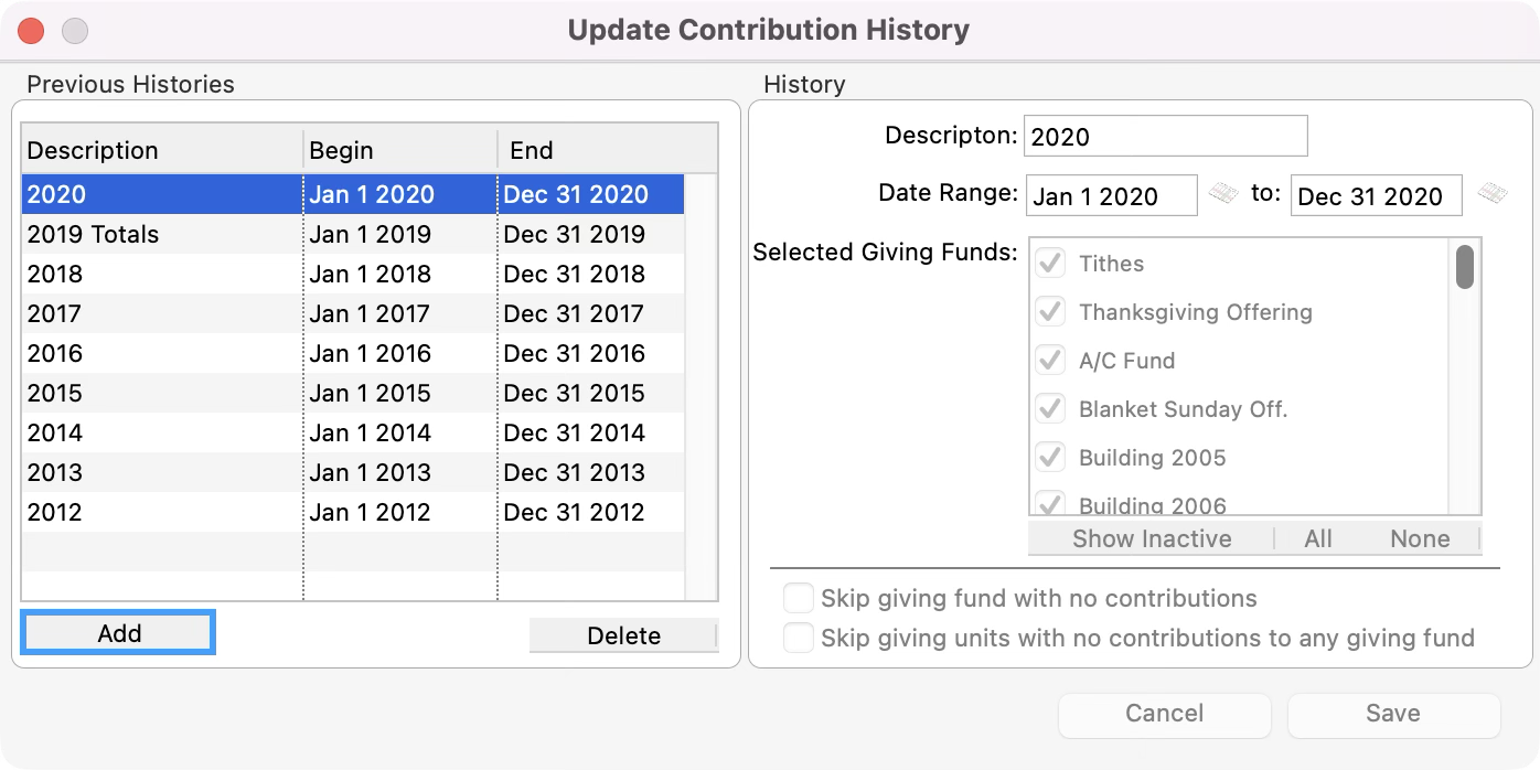 Update Contribution History window with the Add button highlighted.