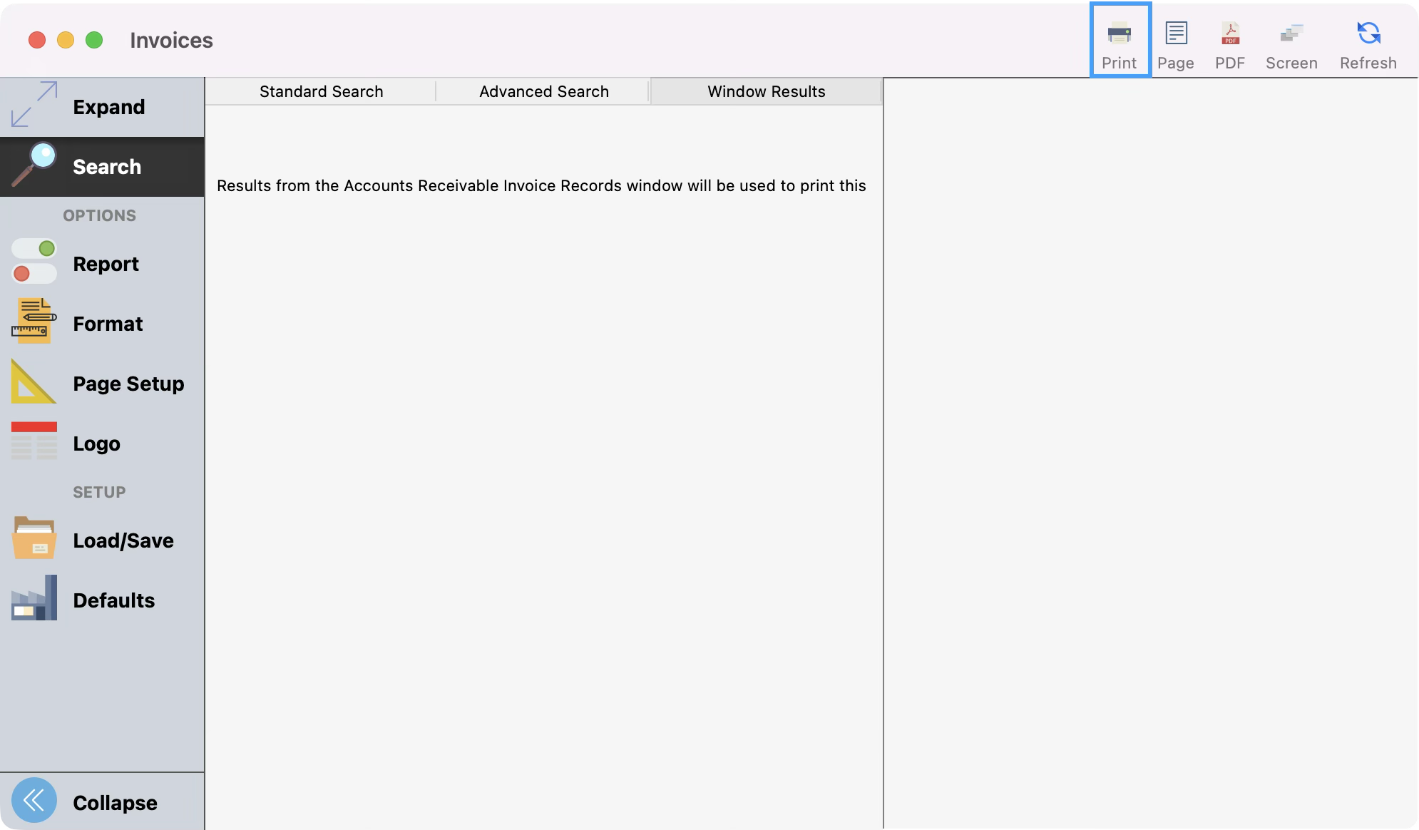 Invoices window with the print option highlighted. 