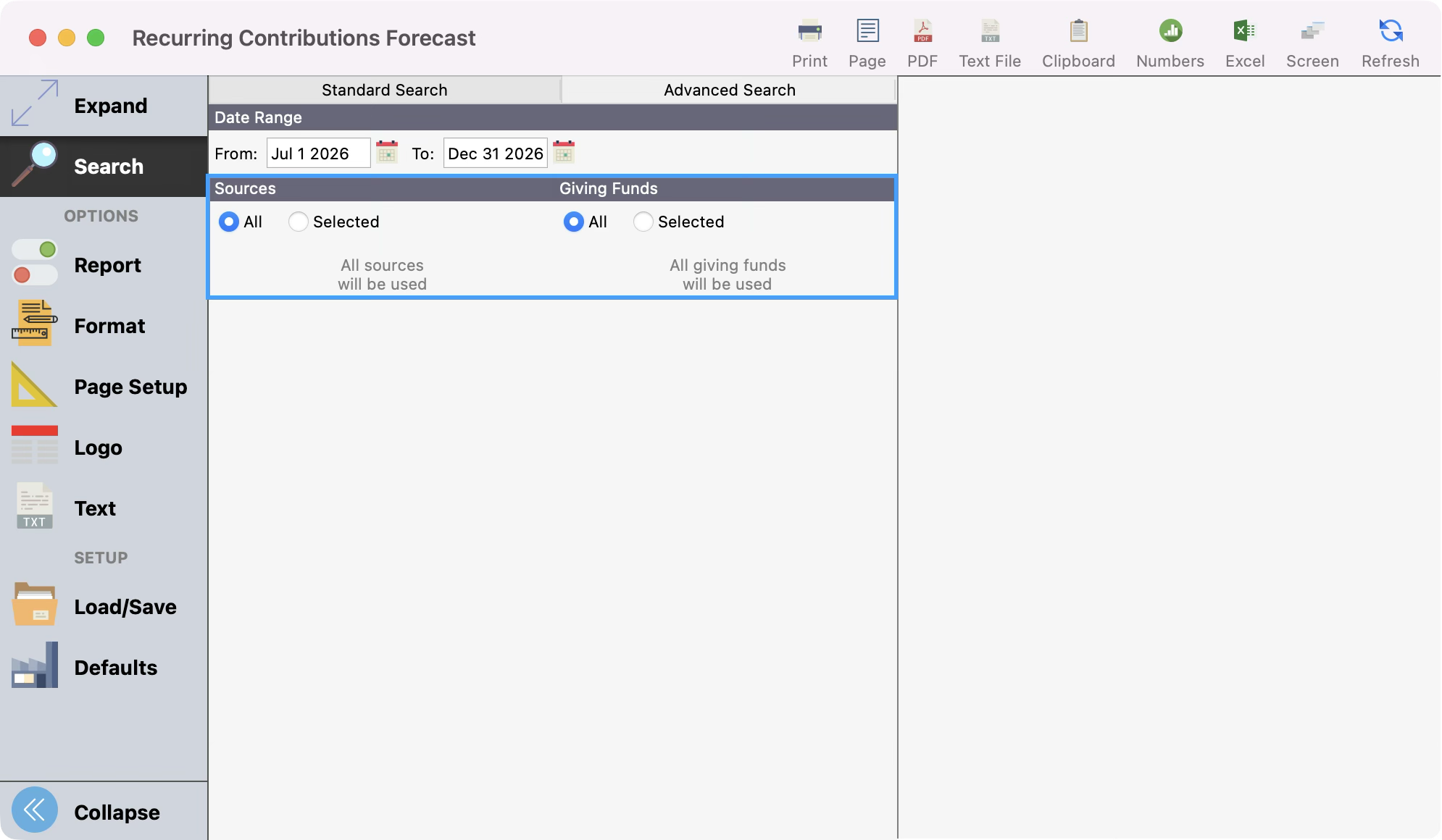 Recurring Forecast Report with the Sources and Giving Funds options highlighted.