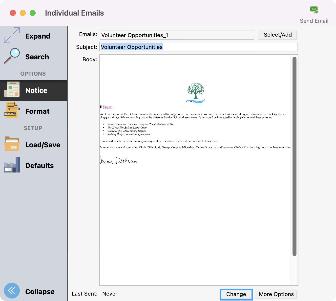 Individual Emails window with the Change button highlighted in the bottom right-hand corner.