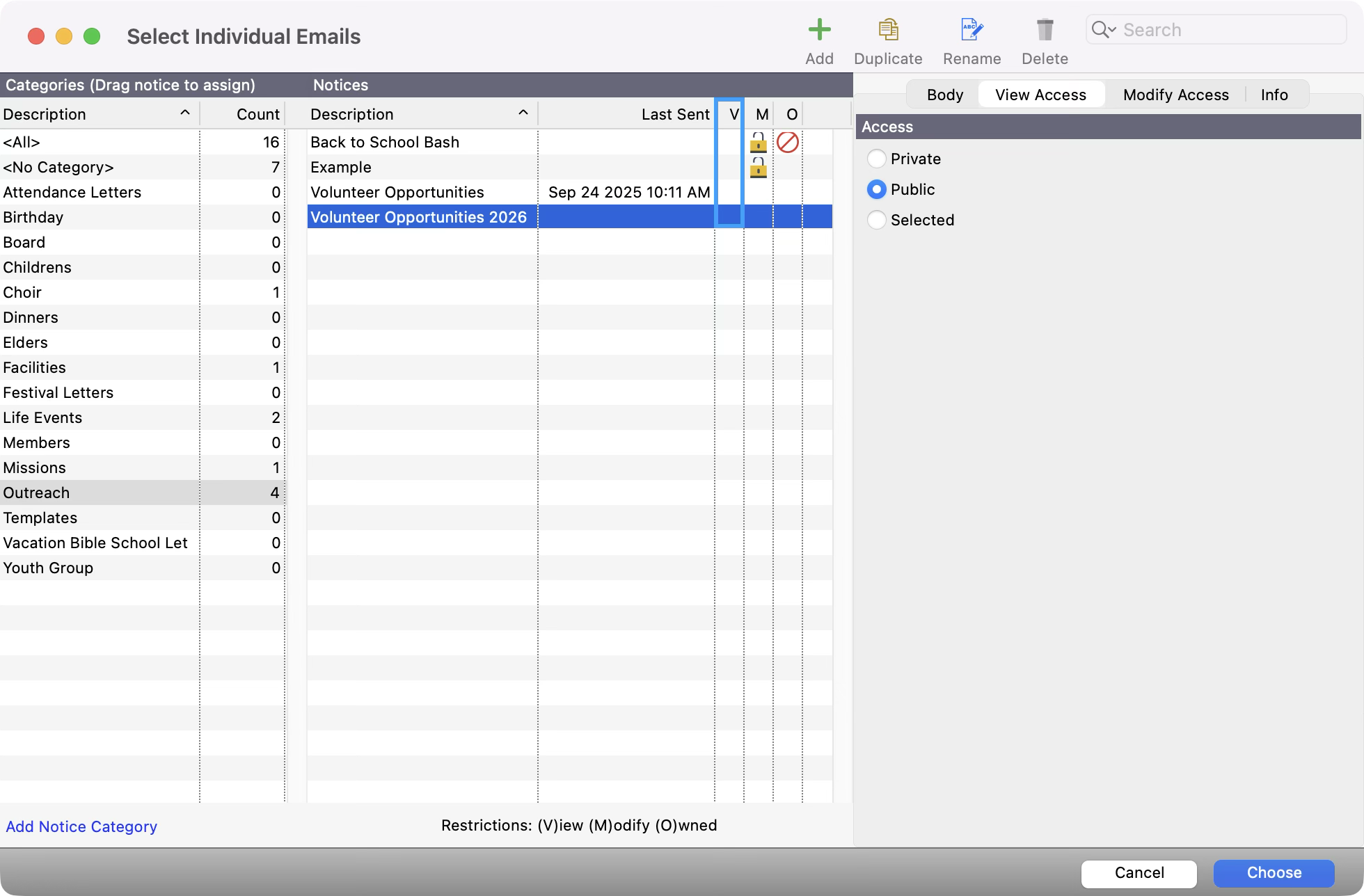 Select Individual Emails window with the V column highlighted.